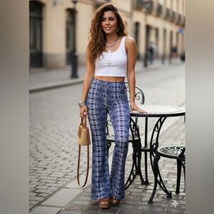 Design Lab Lord & Taylor Boho Geometric Flare Leg Pants Blue White Medium